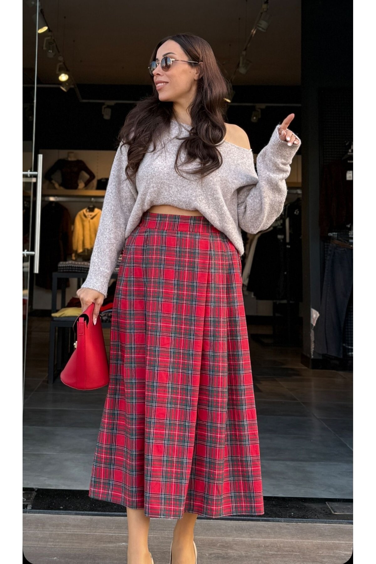 Kadın Midi Boy Ekose Beli Lastikli Etek