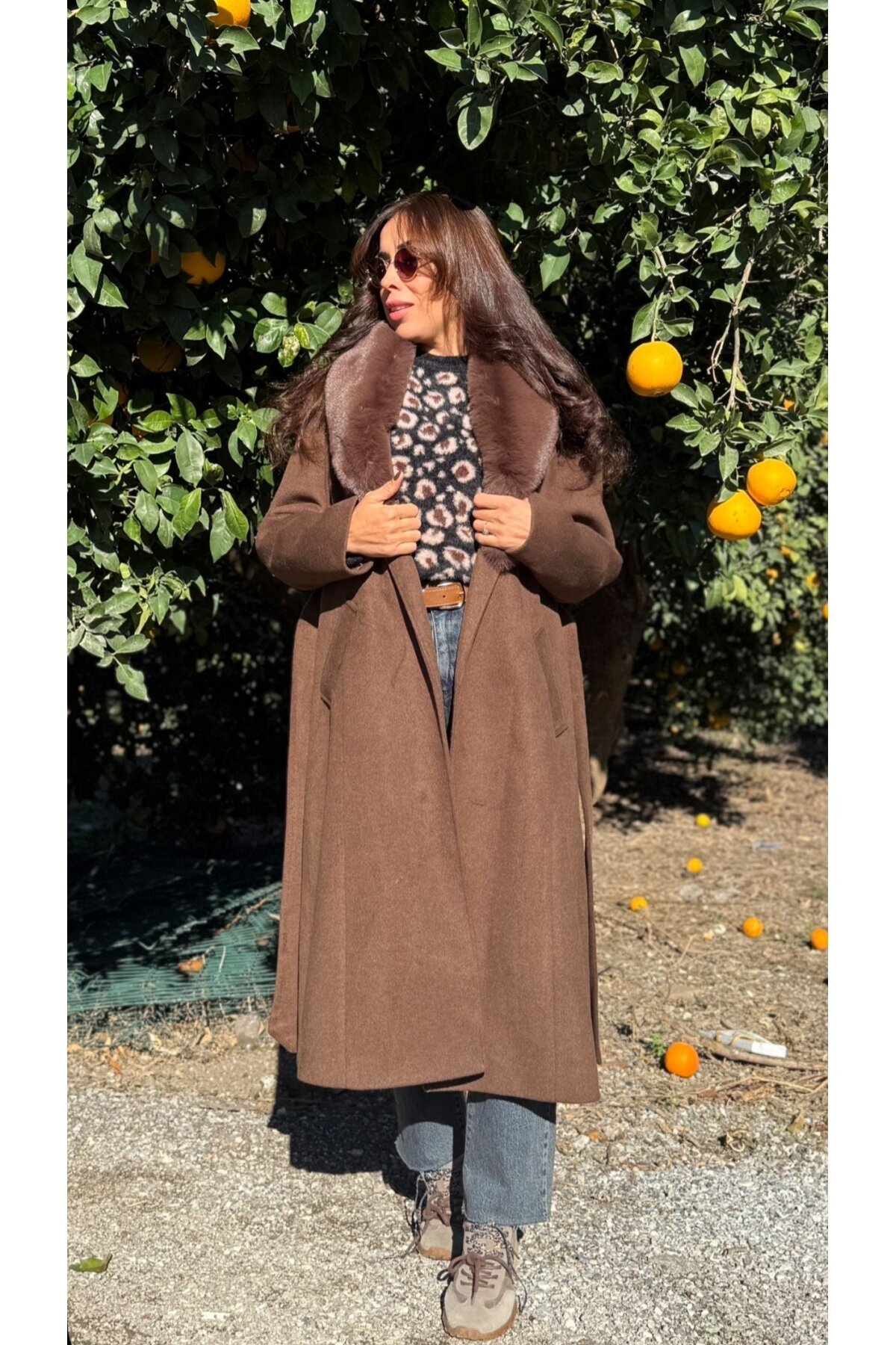 Kadın Midi Boy Kürk Yaka Kaşe Kaban