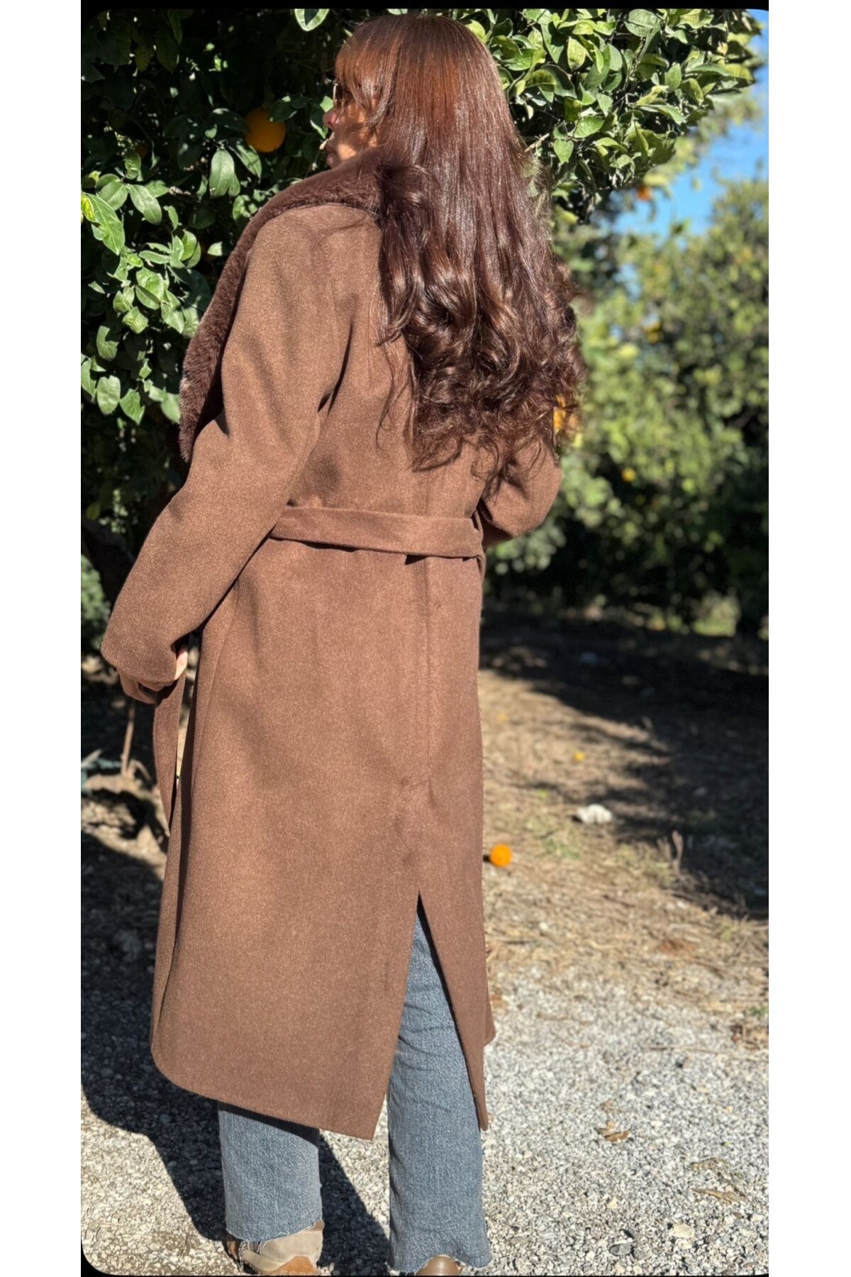 Kadın Midi Boy Kürk Yaka Kaşe Kaban