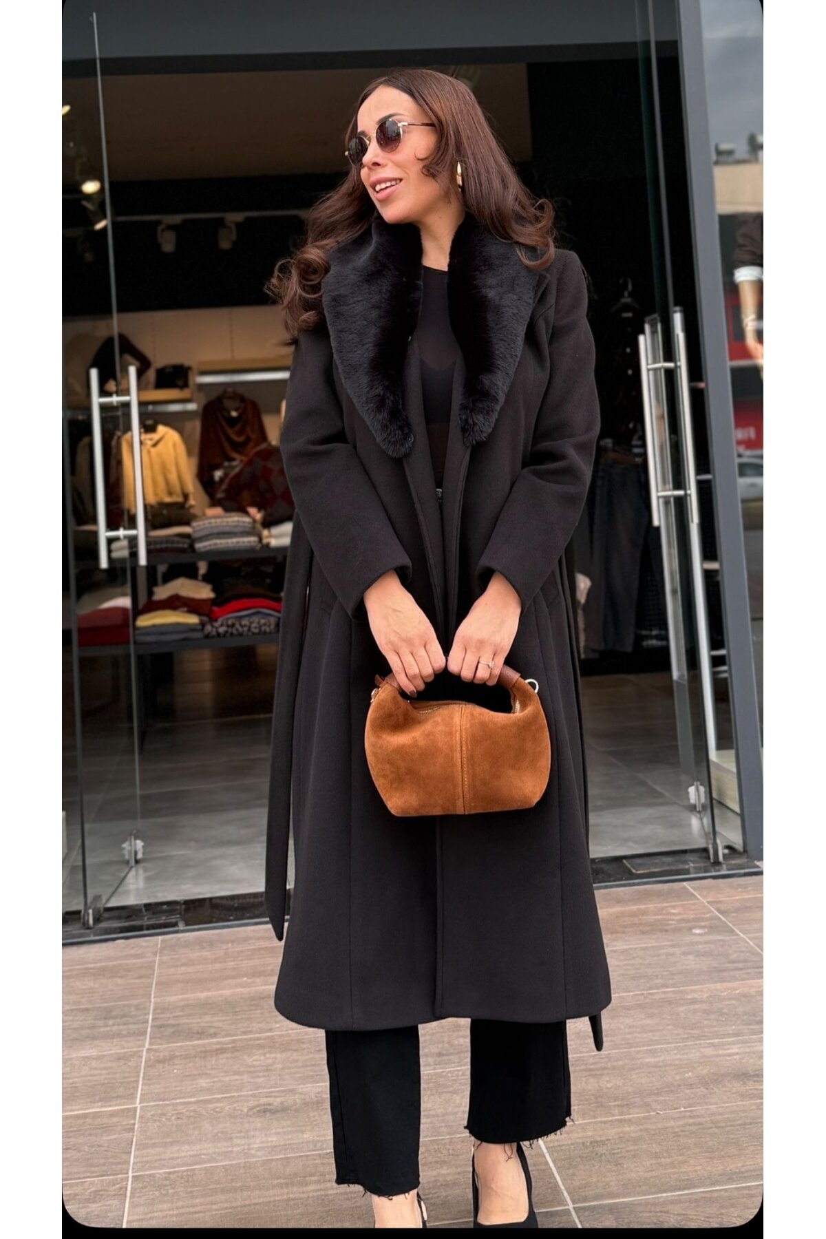 Kadın Midi Boy Kürk Yaka Kaşe Kaban