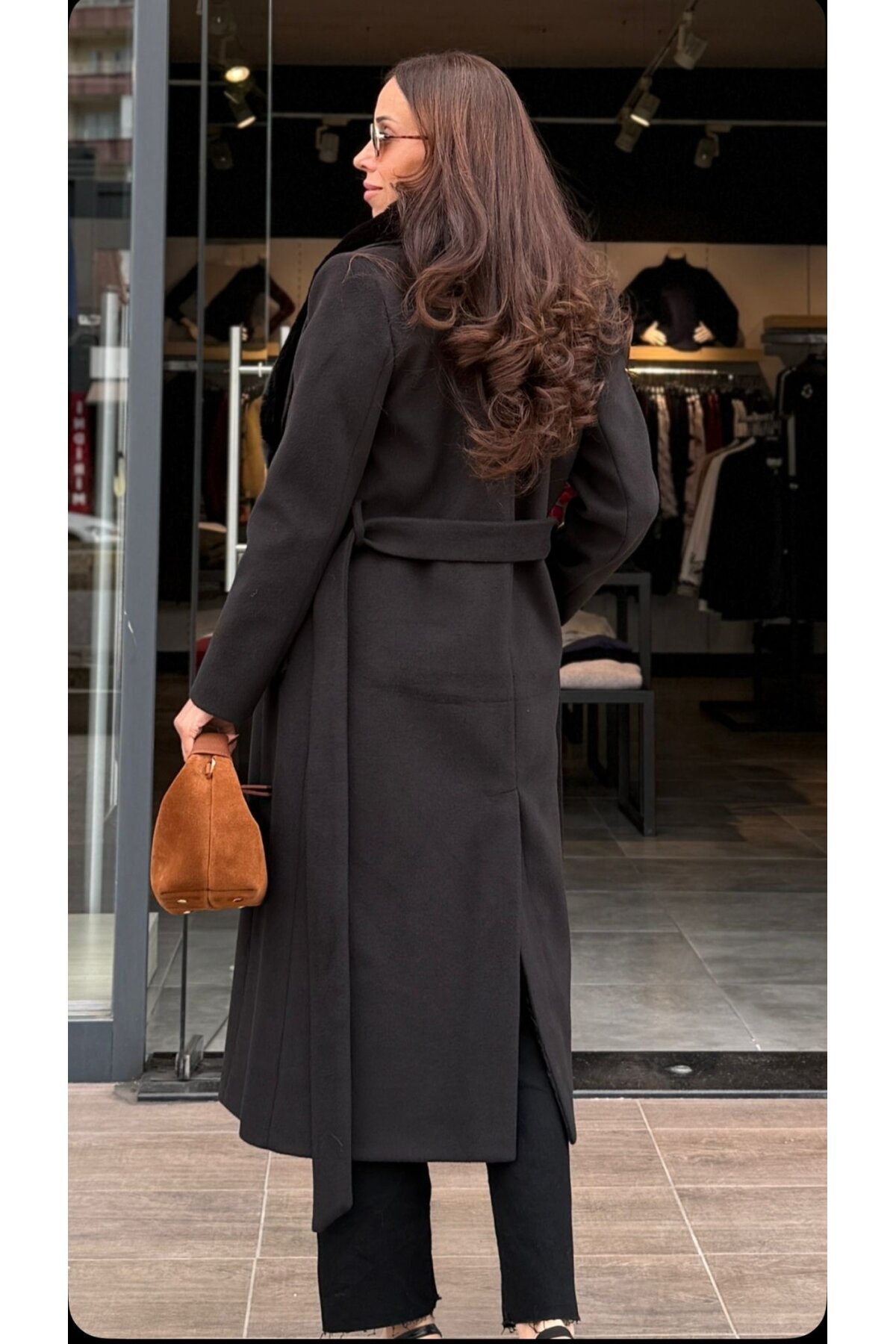 Kadın Midi Boy Kürk Yaka Kaşe Kaban