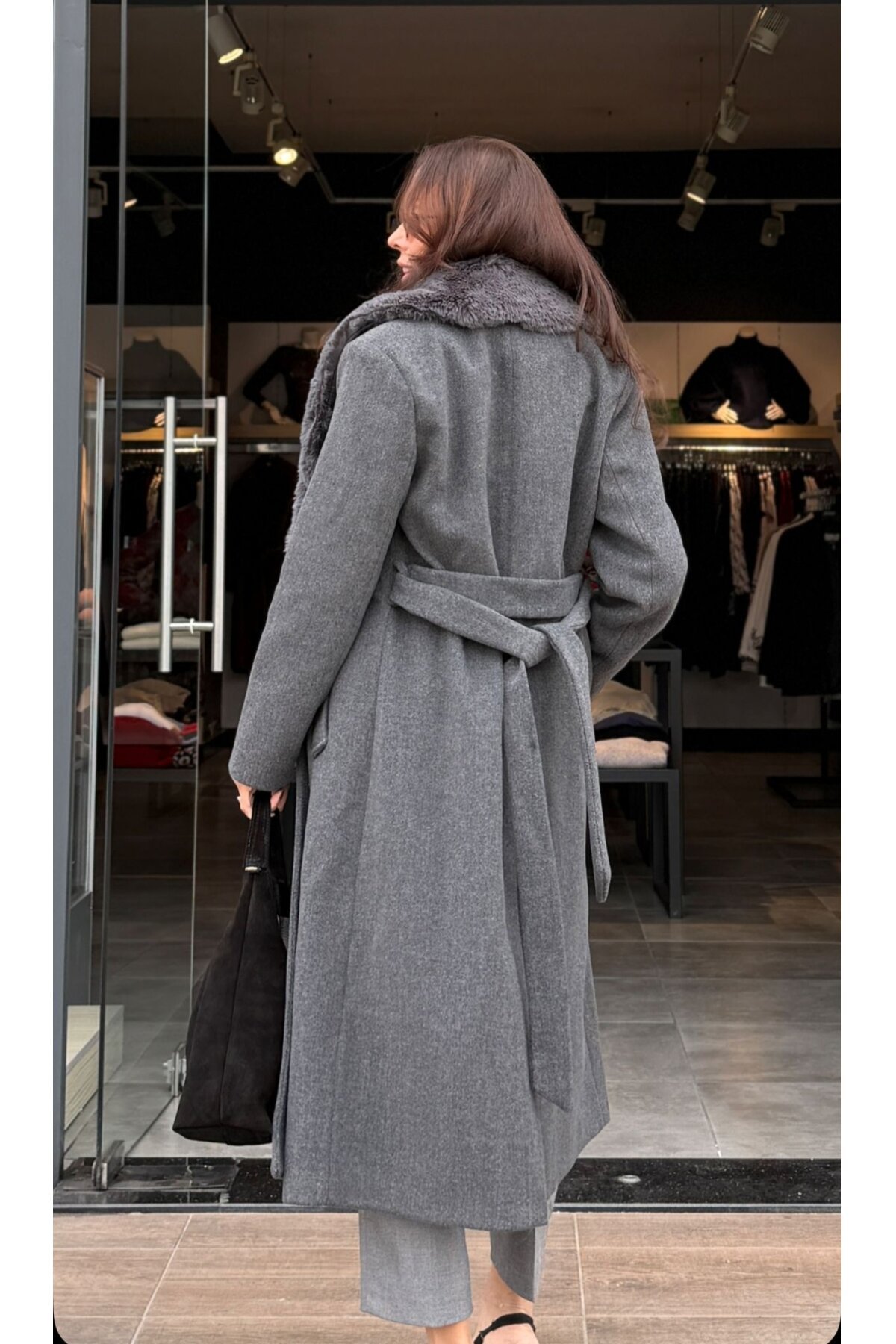 Kadın Midi Boy Kürk Yaka Kaşe Kaban