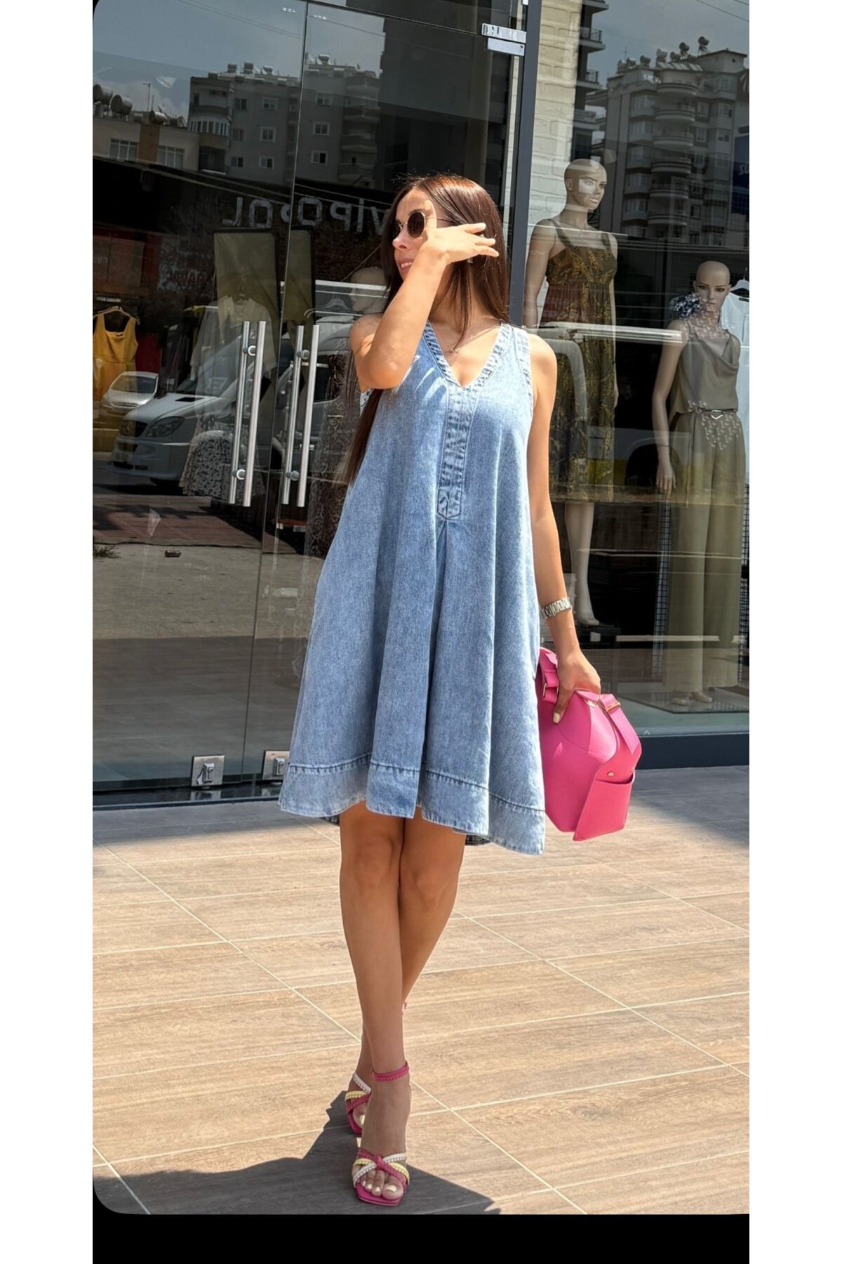Kadın Sıfır Kol V Yaka Denim Mini Elbise