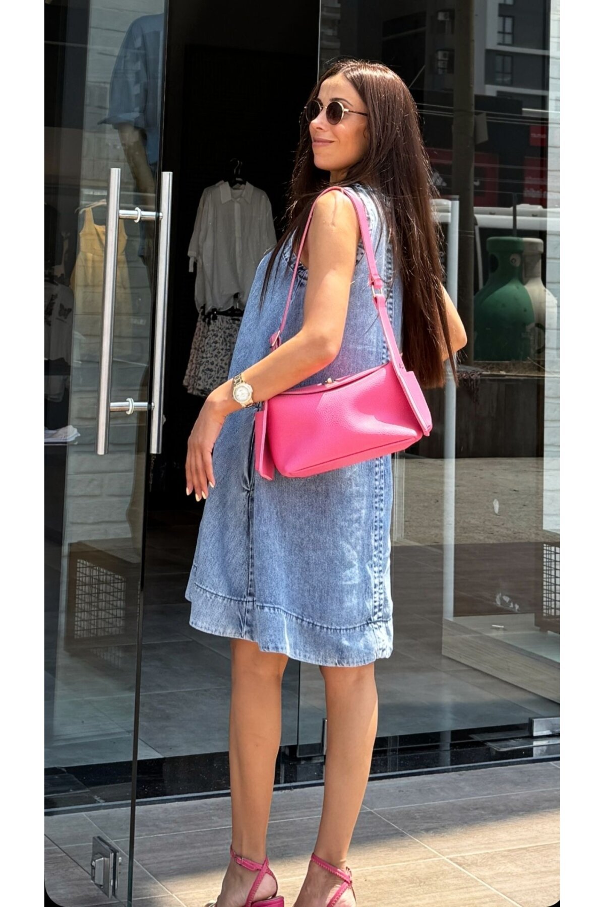 Kadın Sıfır Kol V Yaka Denim Mini Elbise