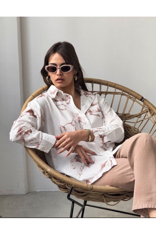 Kadın At Baskılı Oversize Gömlek