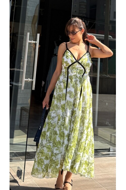 Kadın Biyeli İp Askılı V Yaka Midi Boy Çiçek Desenli Elbise