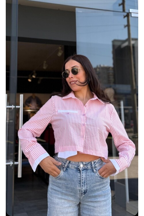 Kadın Çizgili Crop Gömlek