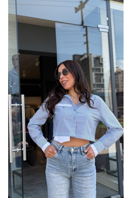 Kadın Çizgili Crop Gömlek