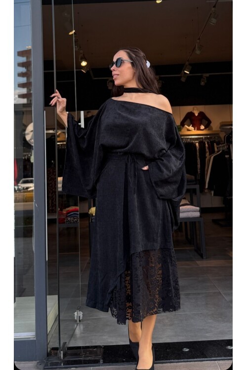 Kadın Dantel Detaylı Kadife Etek Bluz Takım