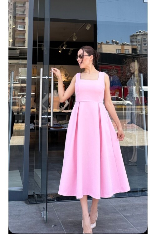 Kadın Kalın Askılı Kare Yaka Altı Pileli Elbise