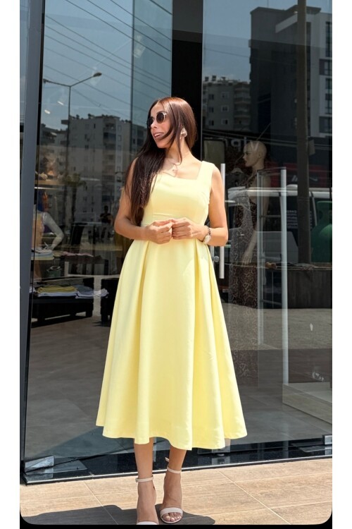 Kadın Kalın Askılı Kare Yaka Altı Pileli Elbise