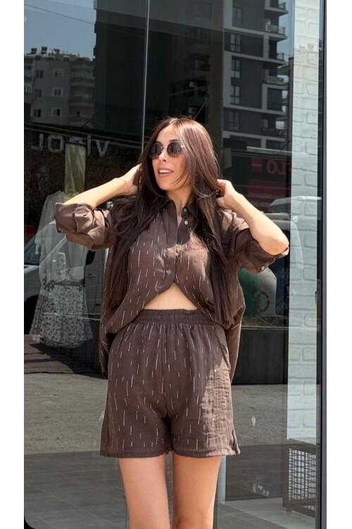 Kadın Keten Alt Şort Üst Gömlek Taşlı Takım