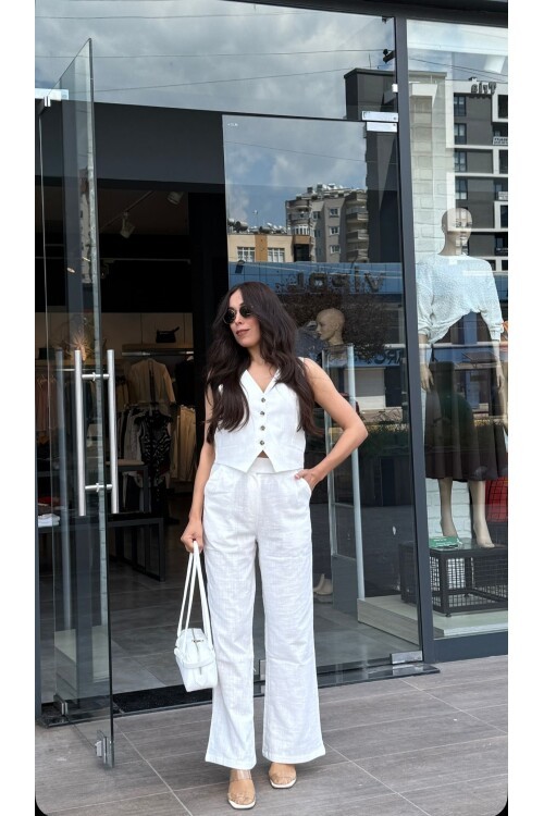 Kadın Keten Pantolon Yelek Takım