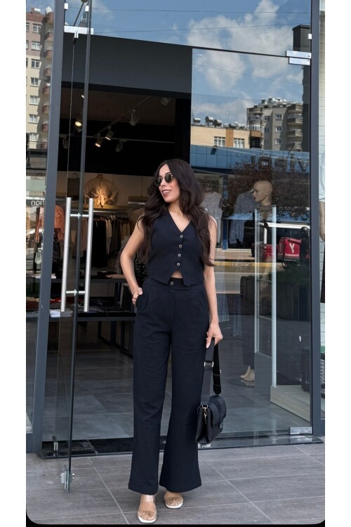 Kadın Keten Pantolon Yelek Takım