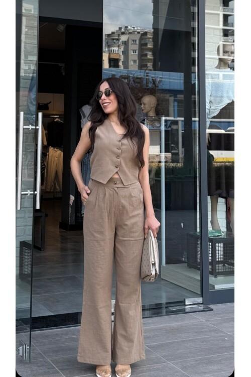 Kadın Keten Pantolon Yelek Takım