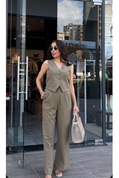 Kadın Keten Pantolon Yelek Takım