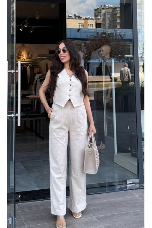 Kadın Keten Pantolon Yelek Takım