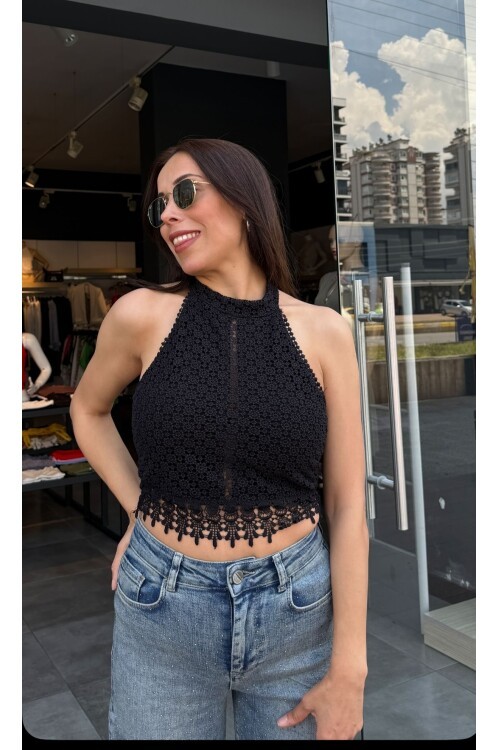 Kadın Kolsuz Dantelli Bluz