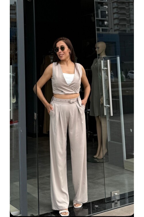 Kadın Krep Kumaş Pantolon Yelek Takım