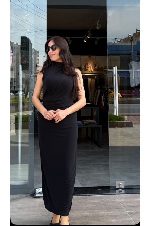 Kadın Maxi Boy Dik Yaka Kolsuz Elbise