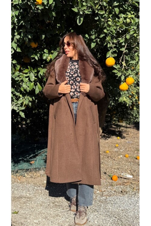 Kadın Midi Boy Kürk Yaka Kaşe Kaban