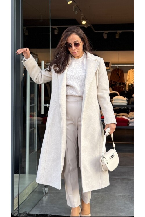 Kadın Midi Boy Kürk Yaka Kaşe Kaban