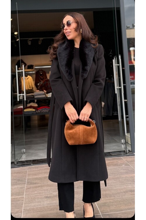 Kadın Midi Boy Kürk Yaka Kaşe Kaban