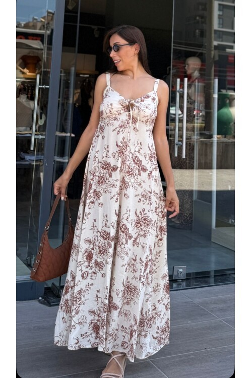 Kadın Müslin Kumaş Askılı Önü Yırtmaçlı Çiçek Desenli Elbise