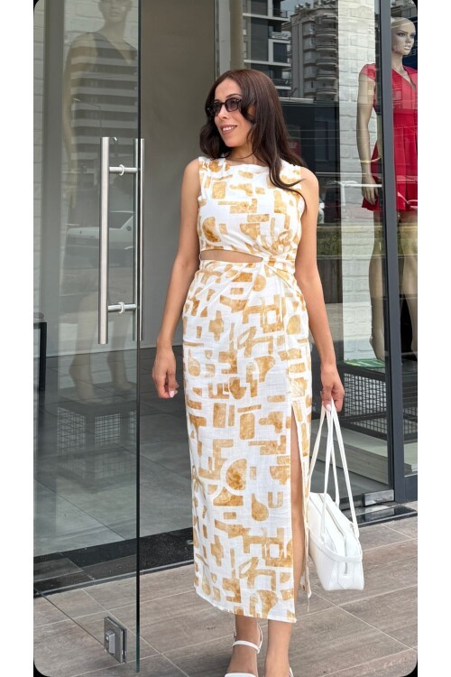 Kadın Pencere Detaylı Midi Desenli Elbise