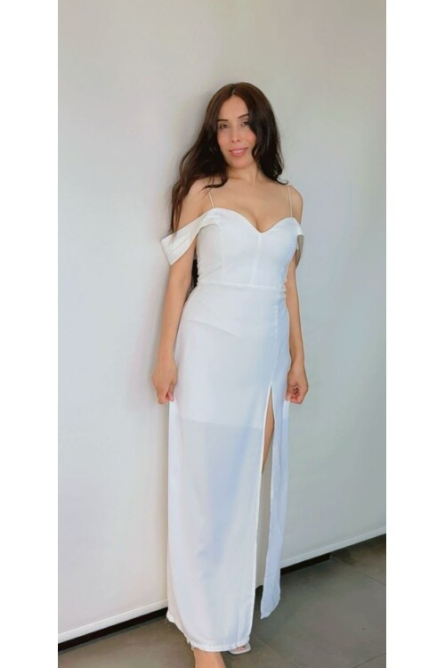 Kadın Şik Abiye Madonna Yaka Beyaz Elbise