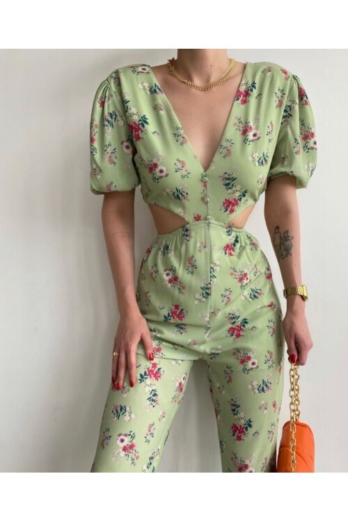 Kadın Sırt Dekolteli Desenli Tulum