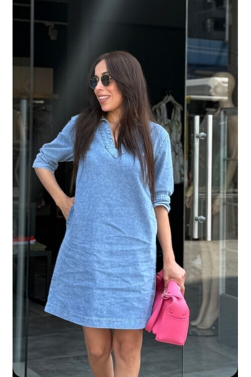 Kadın Yarım Kollu Yan Cepli Kot Elbise